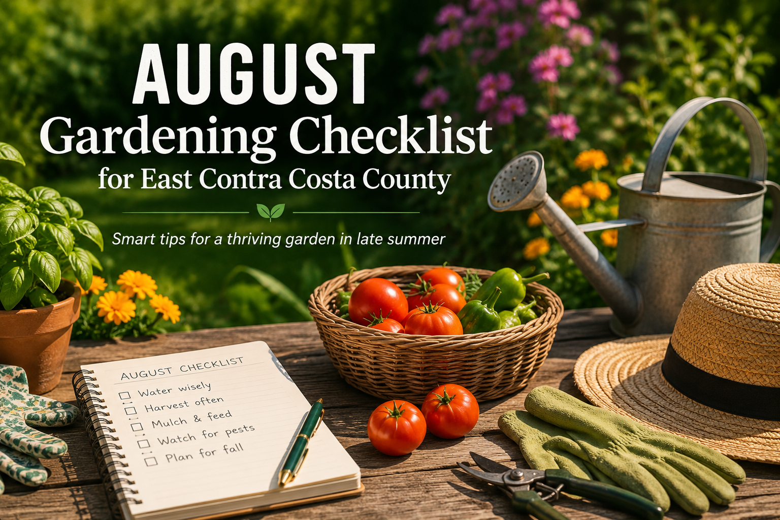 Garden tools, vegetables, flowers, and a watering can representing the August Gardening Checklist for East Contra Costa County.