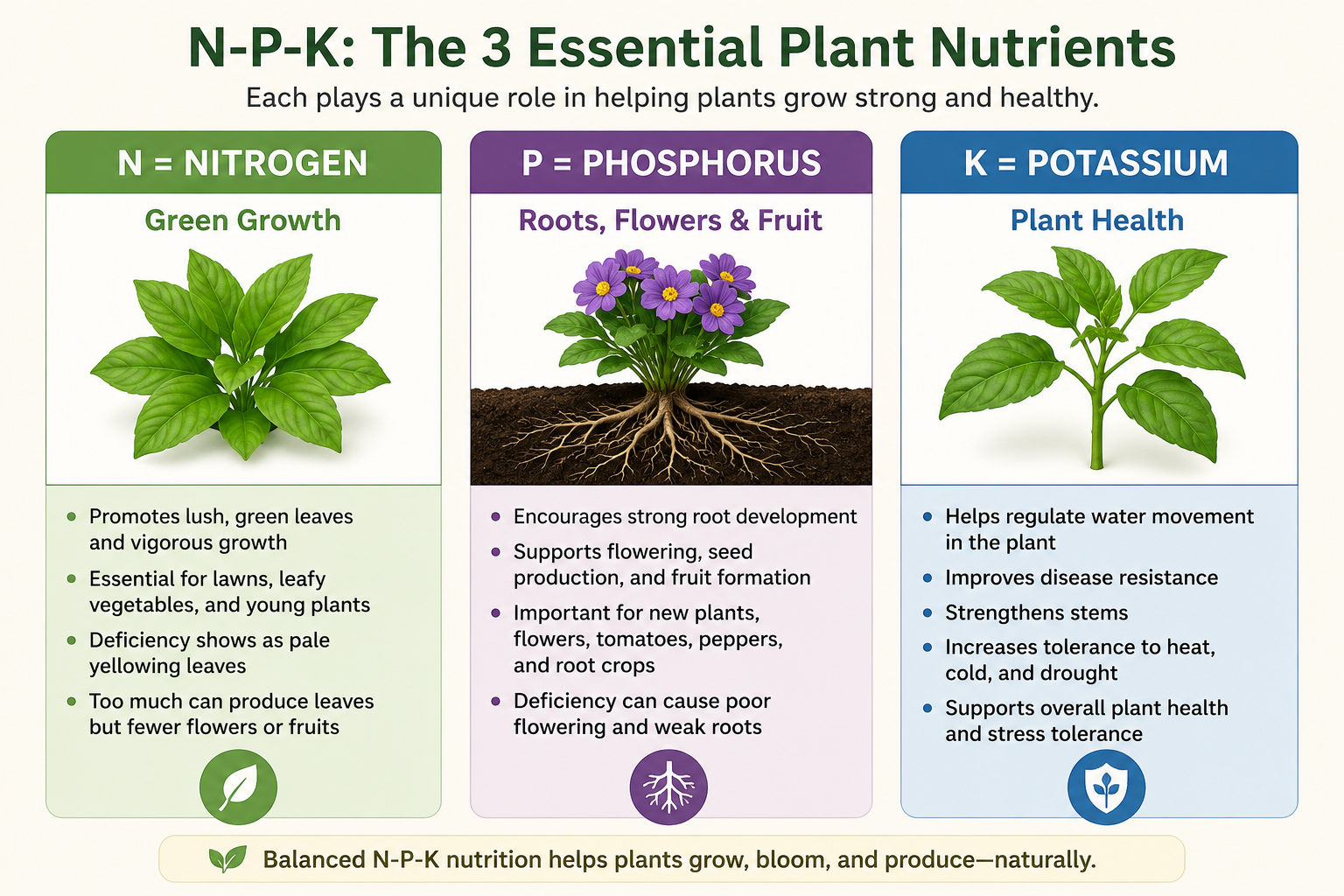 Infographic explaining the roles of nitrogen, phosphorus, and potassium in plant growth.